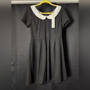 Classic Wednesday Addams style Black Dress with White Collar and Back Zipper